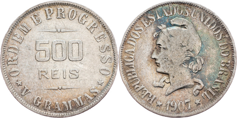 Brazil, 500 Reis 1907 Brazil, 500 Reis 1907, Ag, LMB P682; VF

Grade: VF