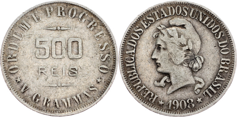 Brazil, 500 Reis 1908 Brazil, 500 Reis 1908, Ag, LMB P683; VF

Grade: VF