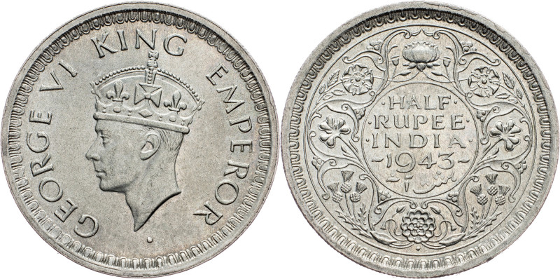 British India, 1/2 Rupee 1943, Bombay British India, 1/2 Rupee 1943, Bombay, KM#...