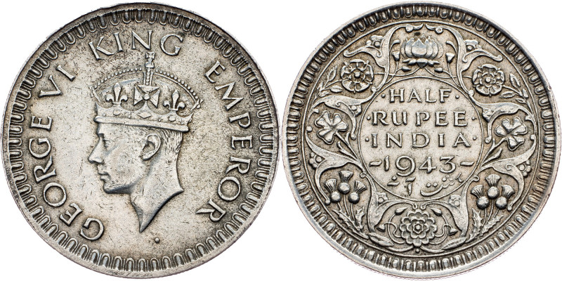 British India, 1/2 Rupee 1943, Bombay British India, 1/2 Rupee 1943, Bombay , Ag...