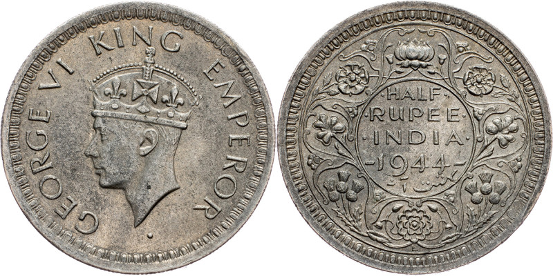 British India, 1/2 Rupee 1944, Lahore British India, 1/2 Rupee 1944, Lahore, KM#...