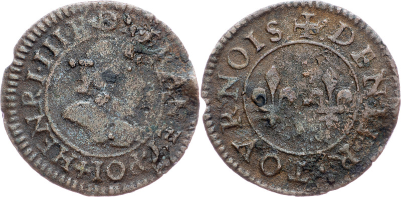 France, Denier Tournois 1577?, A Henry III., Denier Tournois 1577?, A|toned, min...