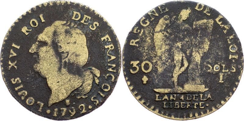 France, 30 Sols 1792, L Louis XVI., 30 Sols 1792, L, Brass|Old copy, rare; F

...