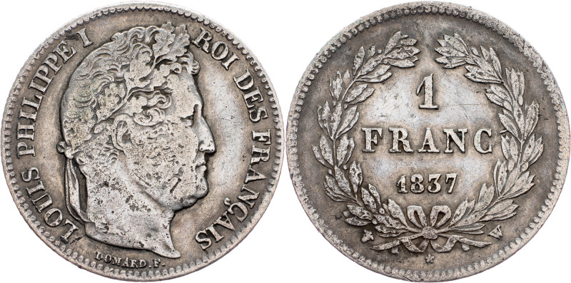 France, 1 Franc 1837, W Louis Phillip, 1 Franc 1837, W, Ag|toned, rare; VF

Gr...