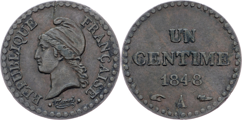 France, 1 Centime 1848, A France, 1 Centime 1848, A|toned; VF+

Grade: VF+