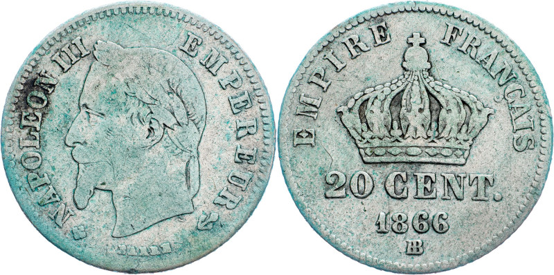 France, 20 Centimes 1866, BB France, 20 Centimes 1866, BB, Ag|toned; VF

Grade...