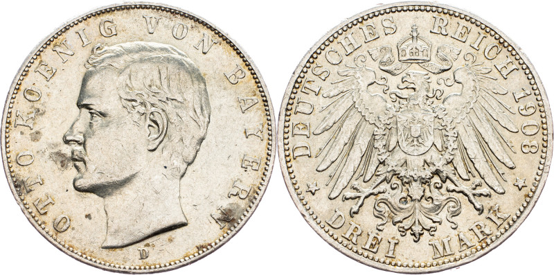 Germany, 3 Mark 1908 Bayern, 3 Mark 1908, 16,67 g, Ag (900/1000), KM# 996; VF
...