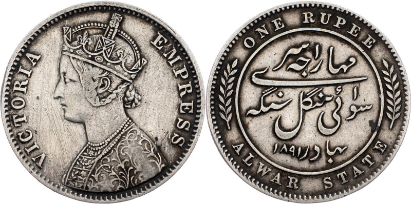 India, 1 Rupee 1891 India, 1 Rupee 1891, Ag, KM# 46|Princely state of Alwar, cle...