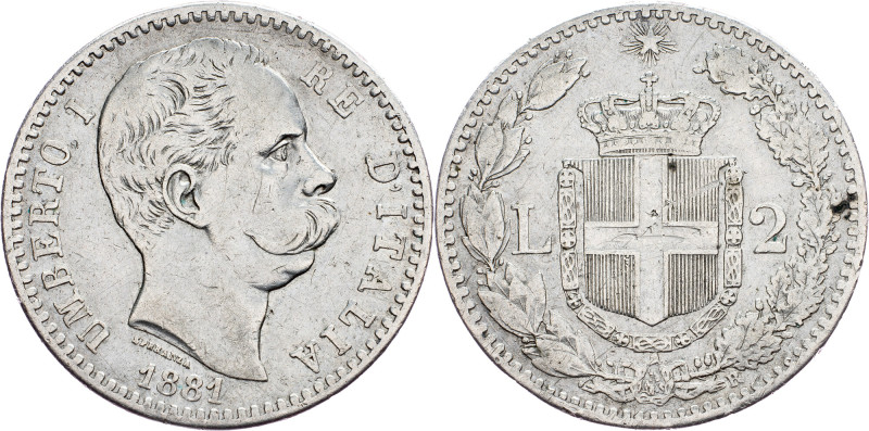 Italy, 2 Lire 1881, Rome Umberto I , 2 Lire 1881, Rome, 10 g, Ag (835/1000), KM#...