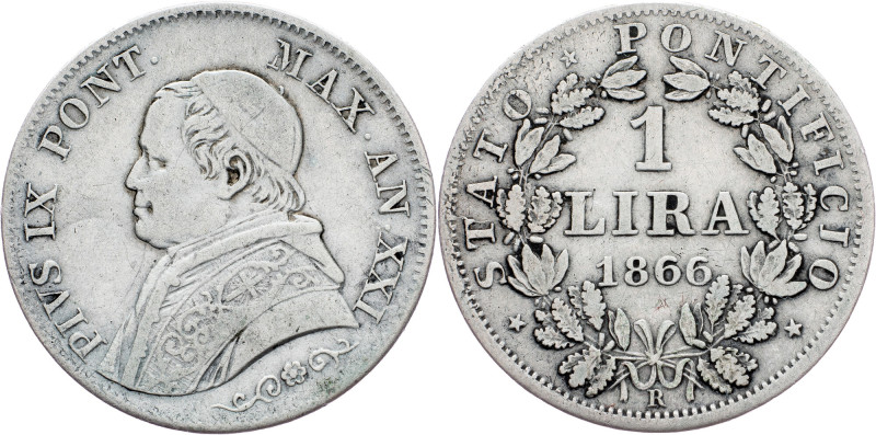Papal States, 1 Lira 1866, Rome Papal States, 1 Lira 1866, Rome, KM# 1377; VF+
...