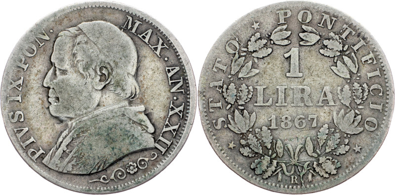 Papal States, 1 Lira 1867, Rome Papal States, 1 Lira 1867, Rome, KM# 1378|toned;...