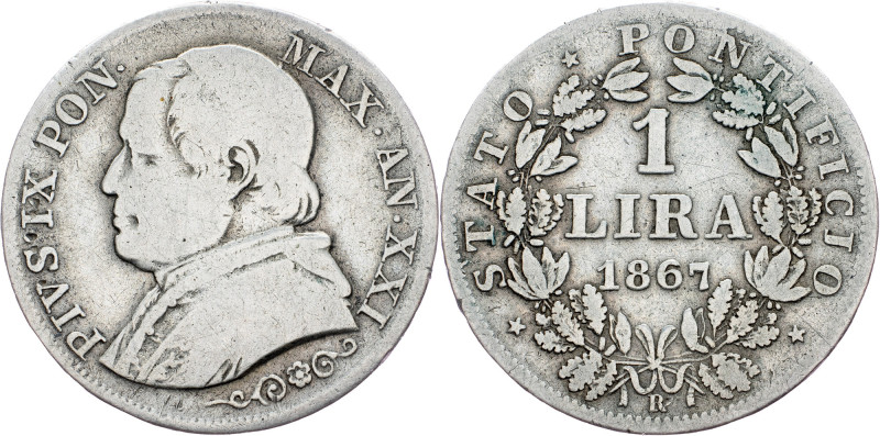 Papal States, 1 Lira 1867, Rome Papal States, 1 Lira 1867, Rome, KM# 1378; aVF
...
