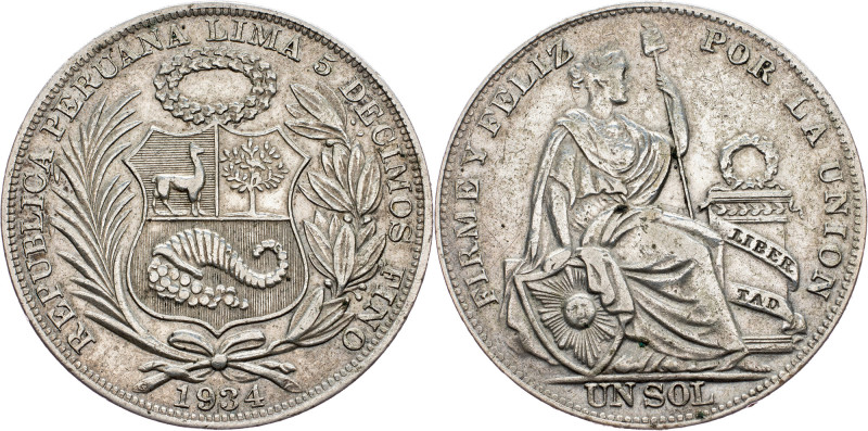 Peru, 1 Sol 1934, Philadelphia Peru, 1 Sol 1934, Philadelphia, 25 g, Ag (500/100...