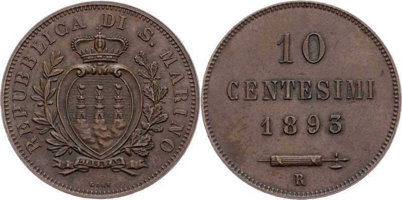 San Marino, 10 Centesimi 1893 San Marino, 10 Centesimi 1893, Copper, KM# 2; aEF...