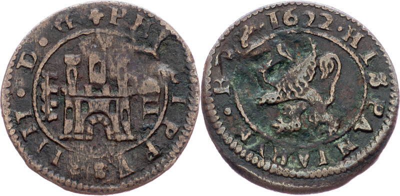 Spain, 4 Maravedis 1622 Spain, 4 Maravedis 1622, Copper, KM# 72; VF

Grade: VF