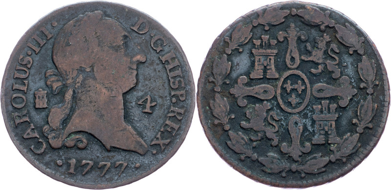 Spain, 4 Maravedis 1777 Spain, 4 Maravedis 1777, Copper, KM# 407; F

Grade: F