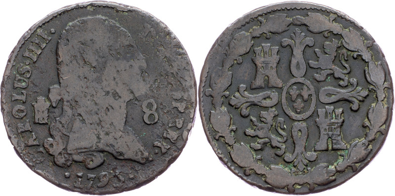 Spain, 8 Maravedis 1795 Spain, 8 Maravedis 1795, Copper, KM# 428; VG

Grade: V...