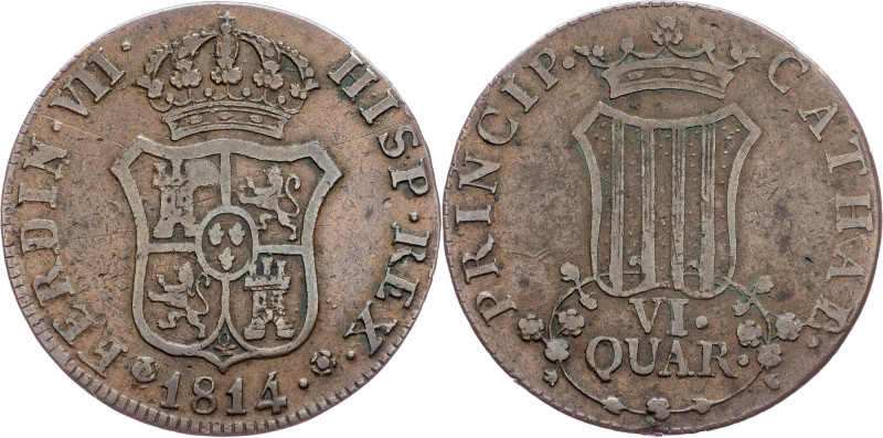 Spain, 6 Quartos 1814, Barcelona Spain, 6 Quartos 1814, Barcelona, Copper, KM# 1...