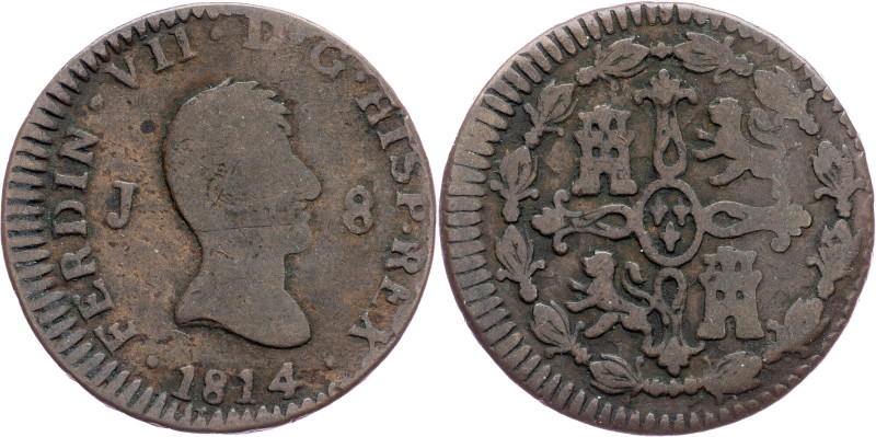 Spain, 8 Maravedis 1814 Spain, 8 Maravedis 1814, Copper, KM# 461; F

Grade: F