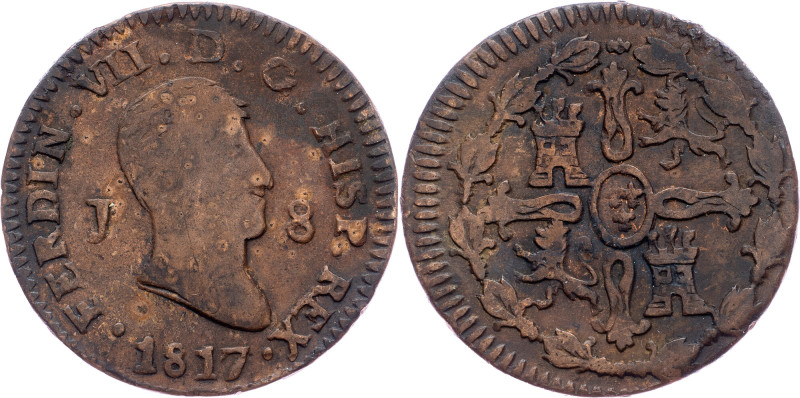 Spain, 8 Maravedis 1817 Spain, 8 Maravedis 1817, Copper, KM# 461; aVF

Grade: ...