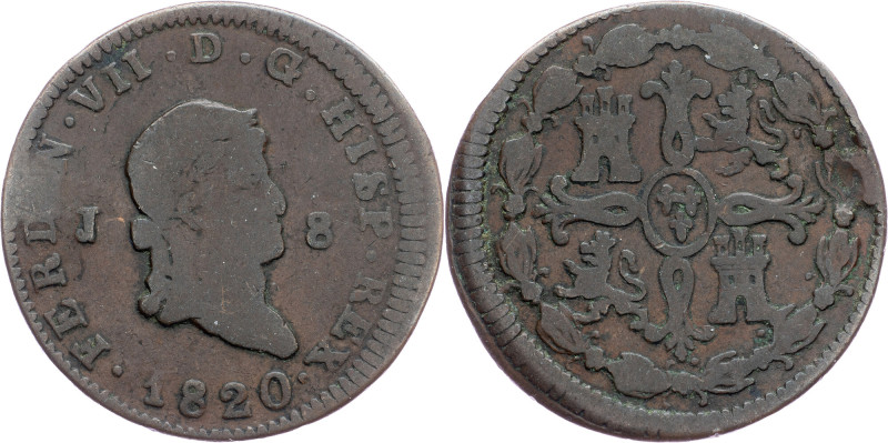 Spain, 8 Maravedis 1820 Spain, 8 Maravedis 1820, Copper, KM# 491|min. wavy; aVF...