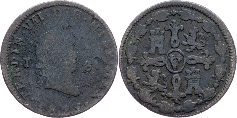 Spain, 8 Maravedis 1821 Spain, 8 Maravedis 1821, Copper, KM# 491; VG

Grade: V...