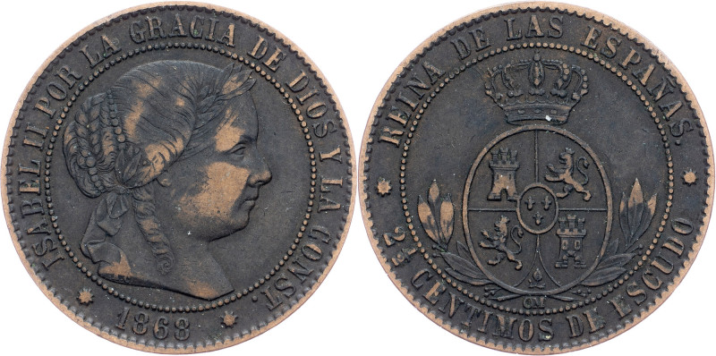 Spain, 2½ Centimos de Escudo 1868 Spain, 2½ Centimos de Escudo 1868, Bronze, KM#...