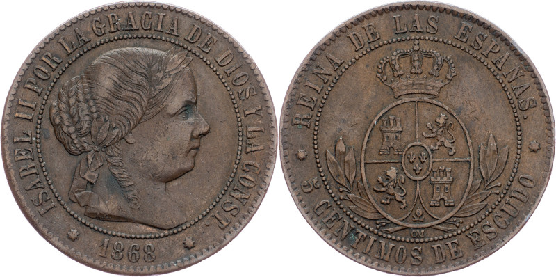 Spain, 5 Centimos 1868 Spain, 5 Centimos 1868, Bronze, KM# 635; VF

Grade: VF