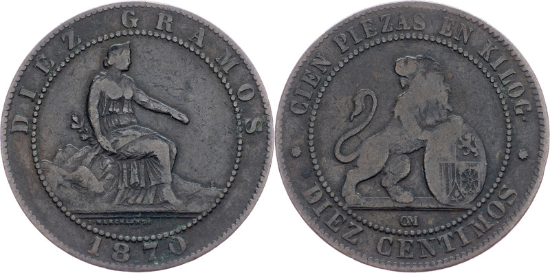 Spain, 10 Centimos 1870 Spain, 10 Centimos 1870, Bronze, KM# 663; aVF

Grade: ...