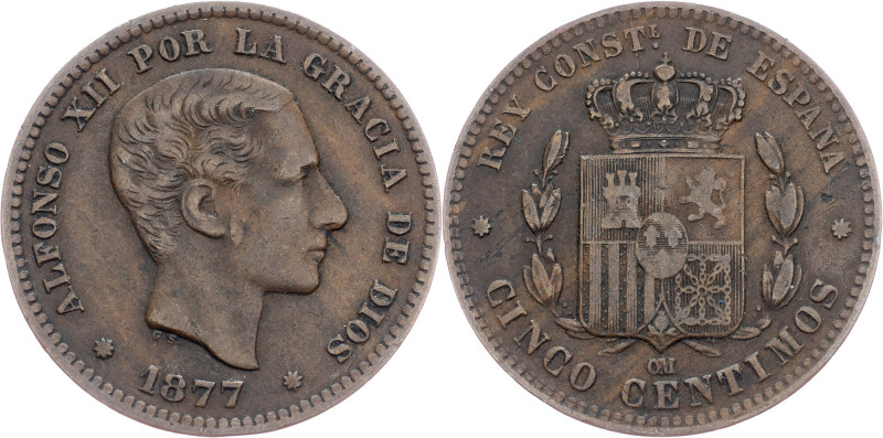 Spain, 5 Centimos 1877 Spain, 5 Centimos 1877, Bronze, KM# 674; VF

Grade: VF