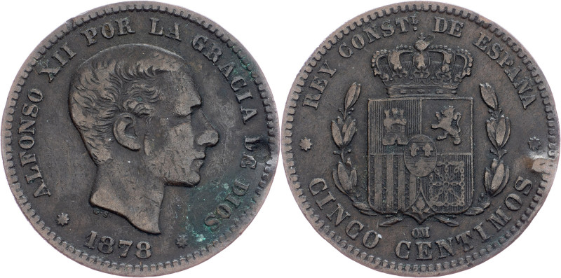 Spain, 5 Centimos 1878 Spain, 5 Centimos 1878, Bronze, KM# 674|damaged; aVF

G...