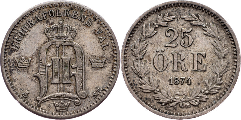 Sweden, 25 Ore 1874 Sweden, 25 Ore 1874, Ag, KM# 738; aEF

Grade: aEF