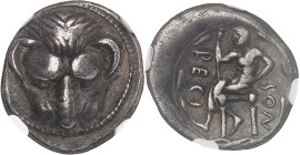 GRÈCE ANTIQUE
Bruttium, Rhégion. Drachme ND (466-415 av. J.-C.), Rhégion.NGC VF* 5/5 4/5 (6631351-014).
Av. Tête de lion de face. 
Rv. REGI - NOS. Ioc...