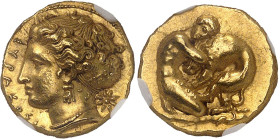 GRÈCE ANTIQUE
Sicile, Syracuse, Denys l’Ancien (406-367 av. J.-C.). 100 litrai (Double décadrachme d’Or) ND (400-370 av. J.-C.), Syracuse.NGC Ch AU* ...