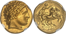 GRÈCE ANTIQUE
Macédoine (royaume de), Philippe II (359-336 av. J.-C.). Statère d’or posthume ND (323-317 av. J.-C.), Colophon.NGC Ch AU 5/5 4/5 Fine s...