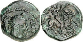 GAULE
Carnutes. Bronze PIXTILOS, classe VII à la cavalière ailée ND (seconde moitié du Ier siècle, c. 30-10 avant J.-C.).
Av. Tête masculine (casquée ...