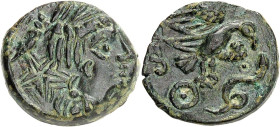 GAULE
Carnutes. Bronze à l'aigle et au serpent, classe III ND (première moitié du Ier siècle avant J.-C.).
Av. Tête féminine à droite, la chevelure en...