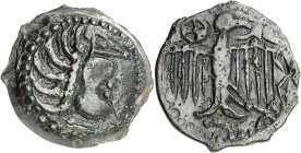 GAULE
Carnutes. Bronze à l'aigle et à la rouelle, classe V ND (seconde moitié du Ier siècle avant J.-C.).
Av. Tête stylisée à droite, avec l'œil trian...