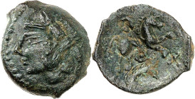 GAULE
Carnutes. Bronze au cheval et au sanglier, CAR 15 avers inédit sans astre ND (seconde moitié du Ier siècle avant J.-C.).
Av. Tête laurée à droit...