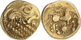 GAULE
Bellovaques. Statère à l'astre, var. 5 à l'astre sinistrogyre ND (second tiers du Ier siècle avant J.-C. et Guerre des Gaules).
Av. Tête très st...