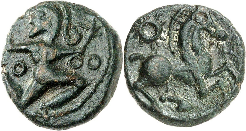 GAULE
Bellovaques. Bronze au personnage courant, Classe I au cheval ND (second t...