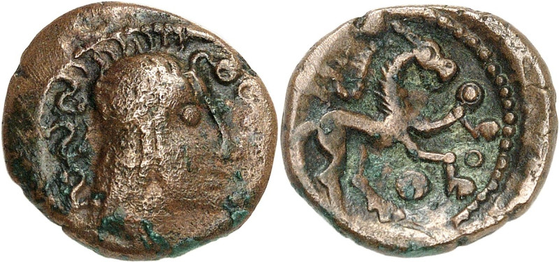 GAULE
Ambiens. Bronze au profil humain / cheval, Classe I, var. 2 ND (second tie...
