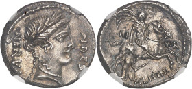 RÉPUBLIQUE ROMAINE
Licinia, A. Licinius Nerva. Denier ND (47 av. J.-C.), Rome.NGC AU 5/5 2/5 brushed (6633798-002).
Av. NERVA - FIDES. Tête laurée de ...
