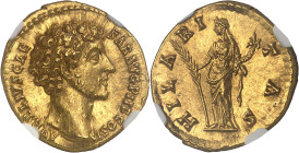 EMPIRE ROMAIN
Marc Aurèle (161-180). Aureus 145-147, Rome.NGC MS 5/5 4/5 Fine style (6631350-001).
Av. AVRELIVS CAE-SAR AVG P II F COS II. Buste à dro...