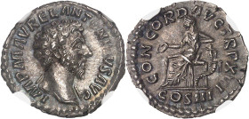 EMPIRE ROMAIN
Marc Aurèle (161-180). Denier 161-162, Rome.NGC Ch AU 5/5 4/5 (6631351-020).
Av. IMP M AVREL ANTONINVS AVG. Tête barbue à droite. 
Rv. C...