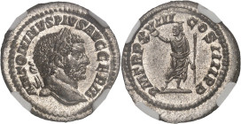 EMPIRE ROMAIN
Caracalla (198-217). Denier 215, Rome.NGC Gem MS* 5/5 5/5 (3934454-009).
Av. ANTONINVS PIVS AVG GERM. Buste lauré à droite. 
Rv. P M TR ...