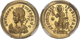 EMPIRE ROMAIN
Théodose II (402-450). Solidus 433 ou 439, Constantinople.NGC MS 4/5 5/5 flan flaw (6631349-005).
Av. D N THEODO - SIVS P F AVG. Buste d...