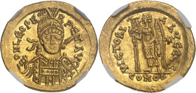 EMPIRE ROMAIN
Léon Ier (457-474). Solidus 462-466, Constantinople, 6e officine.NGC Ch AU 4/5 3/5 graffito (6631351-008).
Av. D N LEO PE-RPET AVG. Bust...