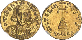 EMPIRE BYZANTIN
Tibère III Aspimar (698-705). Solidus 698-705, Constantinople, 6e officine.NGC MS 4/5 4/5 (Tibère II sic!) (6633798-008).
Av. D TIbERI...