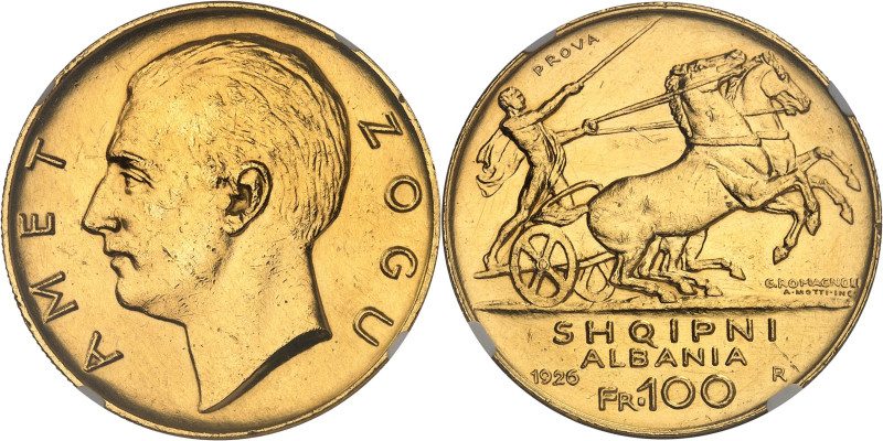 ALBANIE
Ahmed Zogu, président (1925-1928). Essai de 100 franga 1926, R, Rome.NGC...